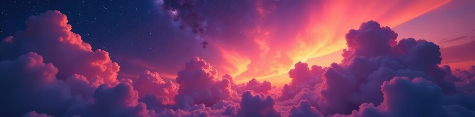 Fototapeta premium Swirling clouds of bright orange and pink hues float in a starry night sky, clouds, hues, cosmic