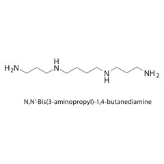 N,N’-Bis(3-aminopropyl)-1,4-butanediamine skeletal structure.Polyamine compound schematic illustration. Simple diagram, chemical formula.