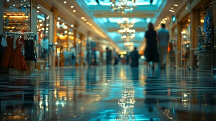 Obraz premium Blurred view of a shopping mall interior with people strolling past