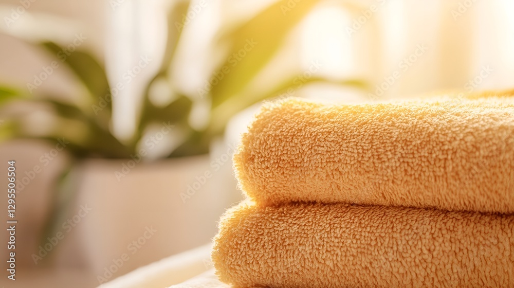 Poster soft yellow towels stacked together with a hint of greenery in a bright sunny room : generative ai