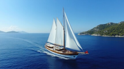 Fototapeta premium Majestic Sailing Yacht Gliding Through Azure Waters Under Clear Blue Sky in Coastal Serenity and Tranquil Atmosphere