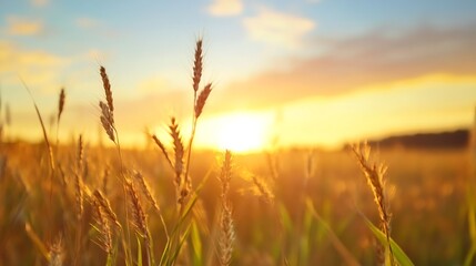 Fototapeta premium Golden Field of Wheat at Sunset with a Beautiful Sky and Soft Light : Generative AI