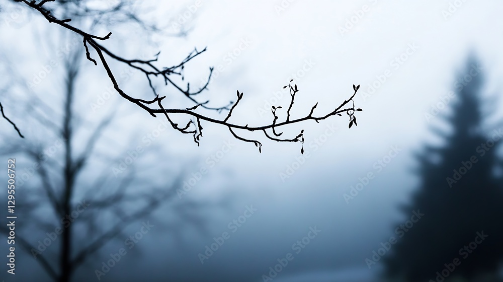Poster Mysterious Foggy Atmosphere with Bare Branches and Dark Trees in Twilight : Generative AI