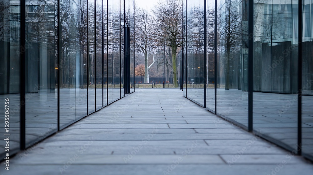 Aufkleber Stunning modern architecture reflected in glass panels creating a serene urban pathway : Generative AI