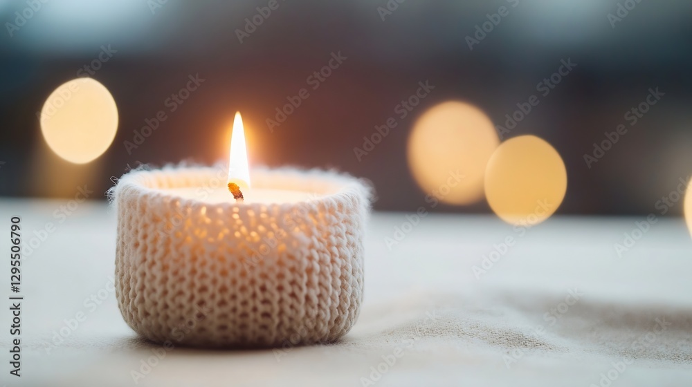 Poster warm candle with soft flame and cozy knit holder creating a relaxing ambiance : generative ai