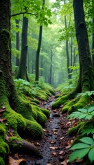 Fototapeta premium Muddy forest floor with moss-covered tree trunks and ferns, nature, grunge, forest