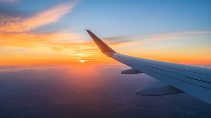 Obraz premium Stunning View from Airplane Window Overlooking Colorful Sunset and Cloudscape : Generative AI