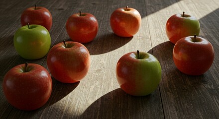 Red and green apples on wooden surface.