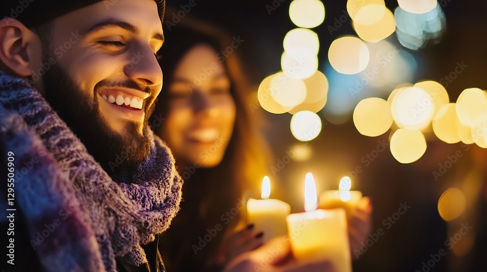 Aufkleber joyful couple enjoying a beautiful evening with candles and glowing lights in the background : gener