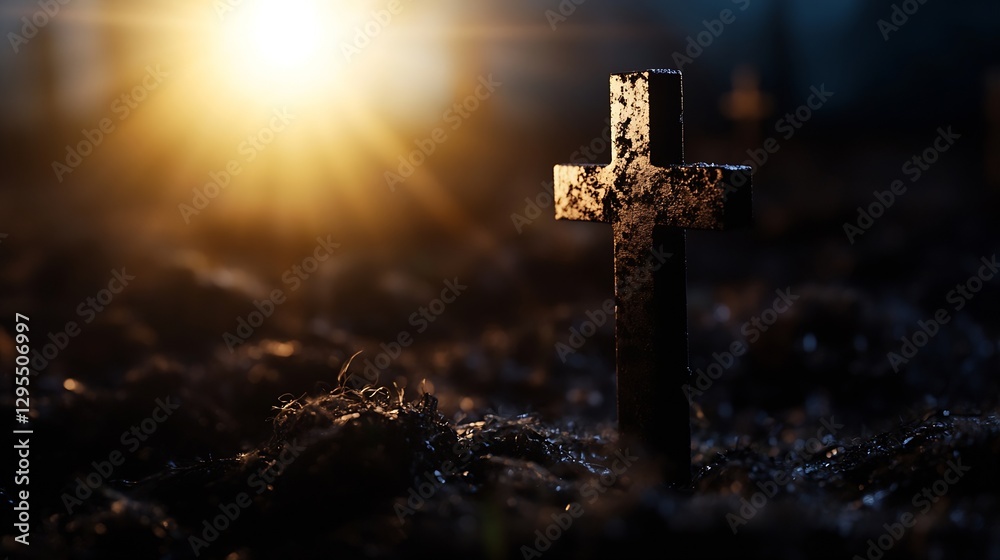 Poster rusty cross at sunset in a cemetery graveyard : generative ai
