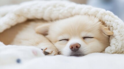 Cozy Sleeping Puppy Wrapped in Soft Blanket with Peaceful Expression : Generative AI