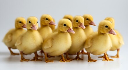 Fototapeta premium A group of baby ducklings waddling together, fluffy and yellow, on a clean white background