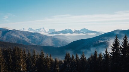 Majestic Winter Landscape with Forested Mountains and Misty Valleys Under a Clear Blue Sky : Generative AI