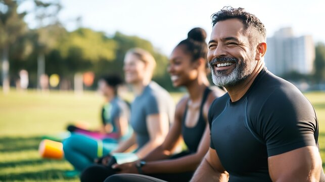 Group of diverse individuals enjoying a sunny day outdoors while practicing yoga and meditation on a green lawn : Generative AI