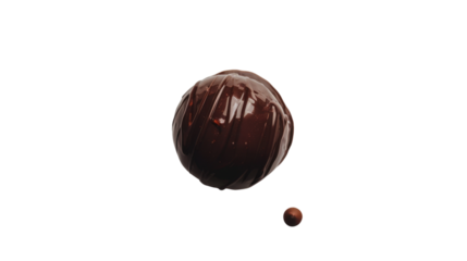 Delicious chocolate praline rotating on transparent background with small chocolate drop