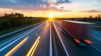 Obraz premium Blurred motion of a truck on the highway with a stunning sunset sky illuminating the background : Generative AI