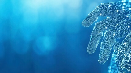 Digital Hand with Binary Codes Touching Futuristic Interface Blue Background