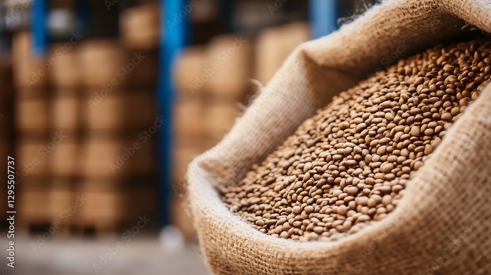 Poster Creative composition of burlap sack filled with coffee beans in a rustic setting with blurred background : Generative AI