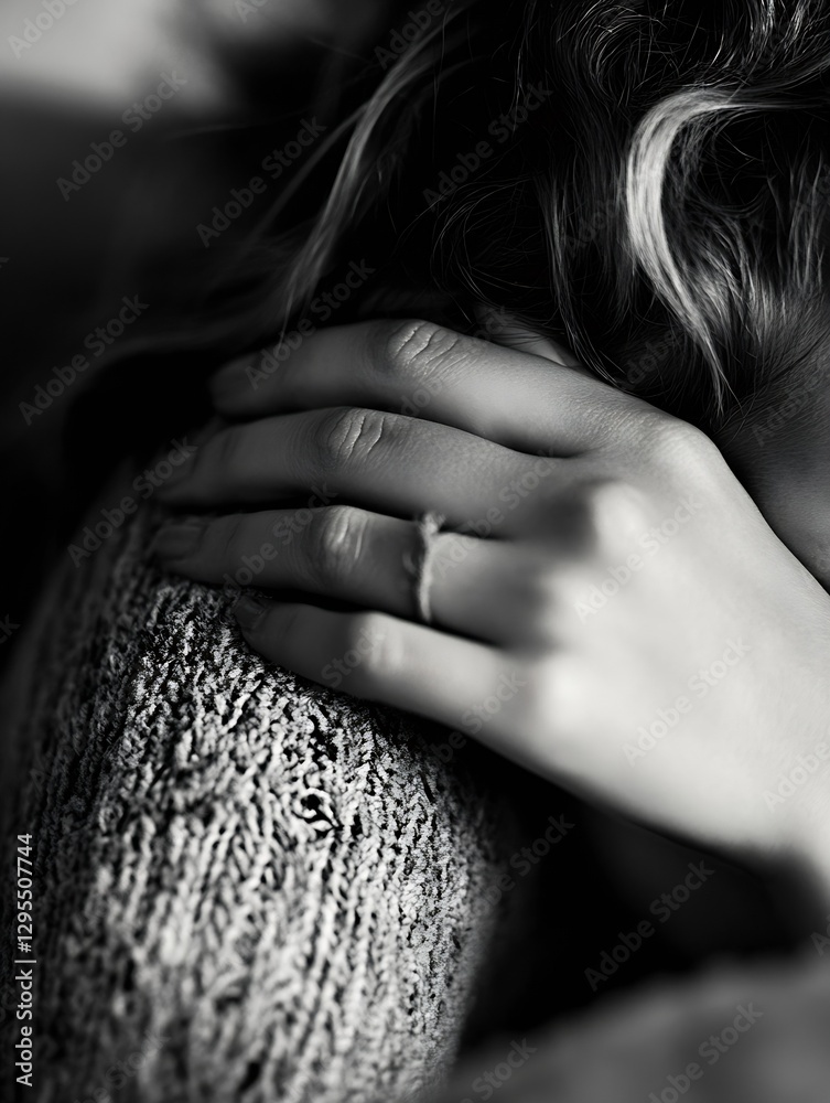 Poster close up of a delicate hand gently resting on a soft sweater with a serene expression in black and w