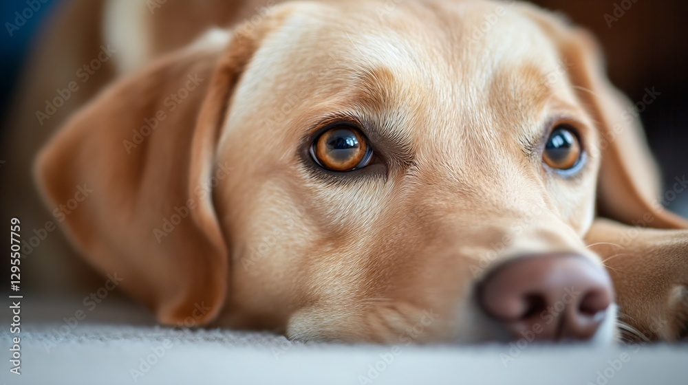 Poster Closeup image of a golden labrador retriever dog resting on the floor with expressive eyes looking thoughtful : Generative AI