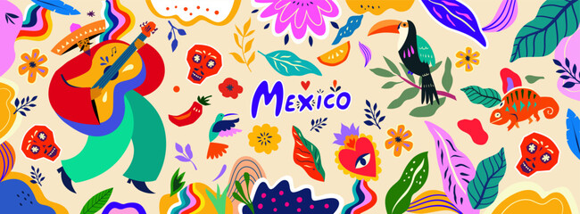 Beautiful vector banner with design for Mexican holiday. Vector template with traditional Mexican symbols.