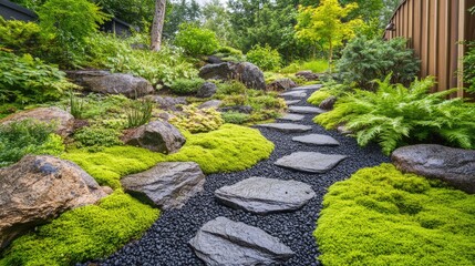 A naturalistic backyard with rocks, moss, and ferns.