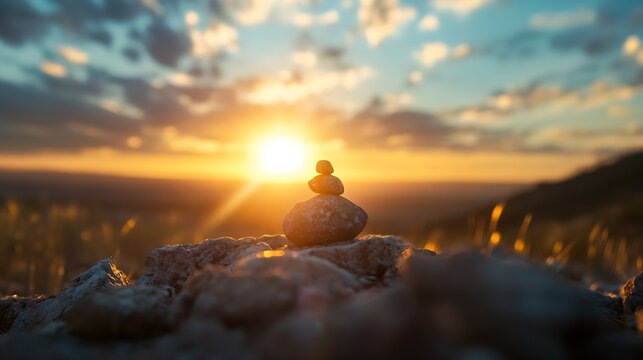Balanced Rock Stack on a Hilltop at Golden Sunset Surrounded by Nature's Beauty : Generative AI