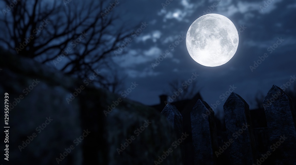 Poster bright full moon illuminating nighttime sky with cloudy atmosphere : generative ai