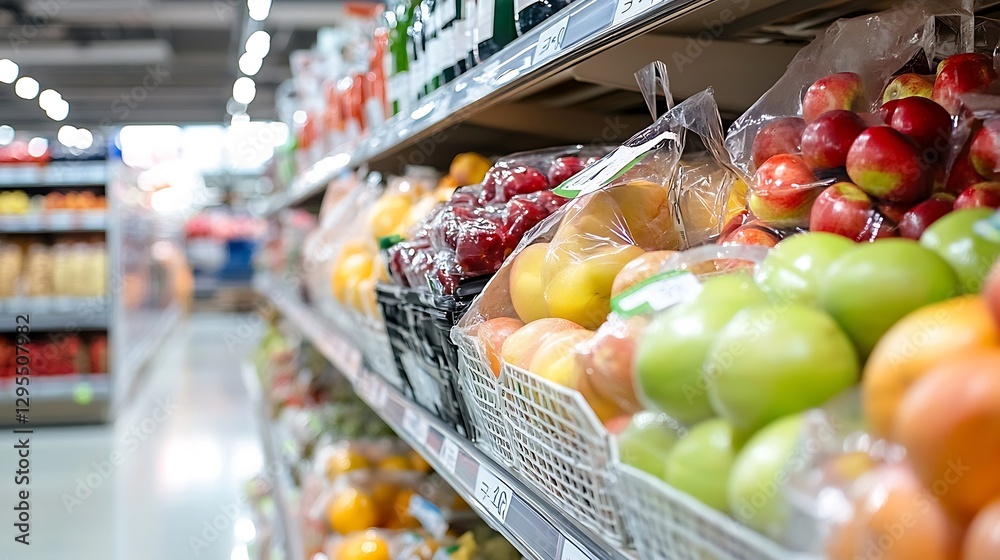Poster fruit shelf in supermarket displaying colorful apples oranges and fresh produce : generative ai