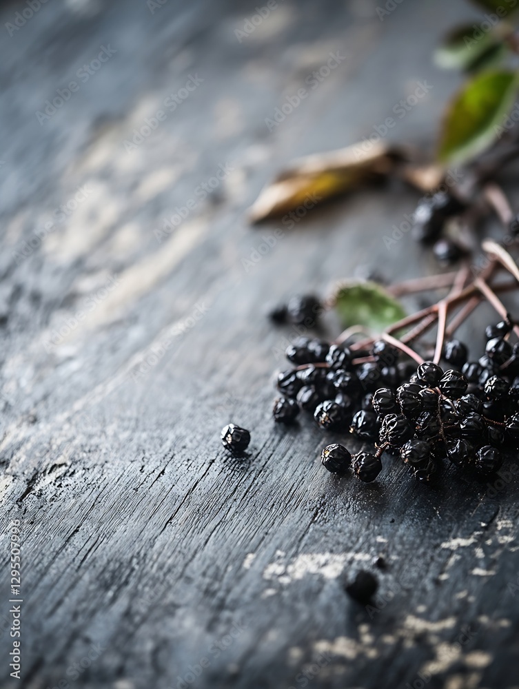 Poster dark berries lie gracefully on a textured wooden backdrop highlighting their rich color and detail :