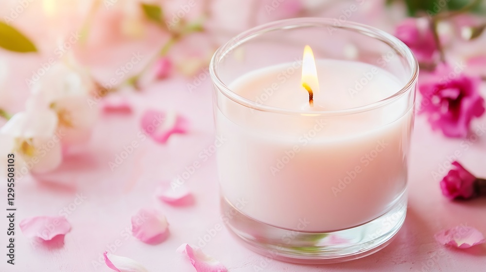 Aufkleber elegant candle burning with fresh flowers petals in relaxing setting : generative ai