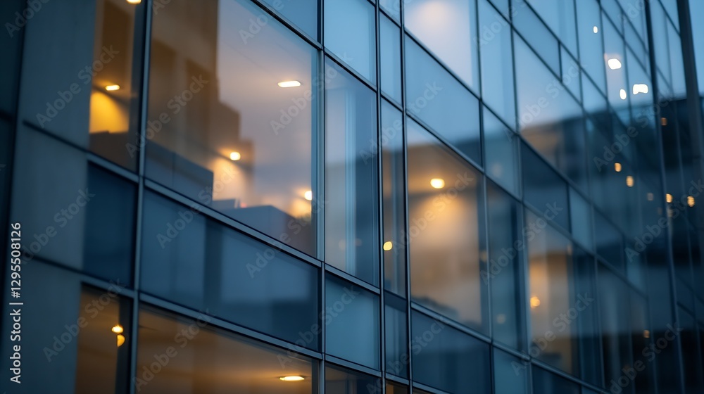 Poster modern glass building with reflections and lights during the evening hours : generative ai