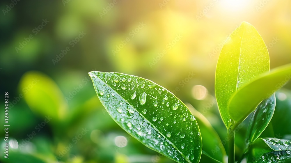 Poster fresh green leaves with raindrops catching sunlight creating a tranquil and refreshing nature scene 