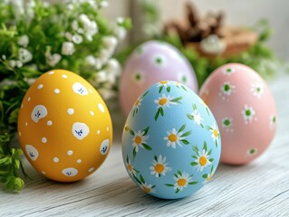 Fototapeta premium Pastel Easter Eggs with Floral Designs and Spring Greenery on a Rustic Wooden Tabletop in Soft Light