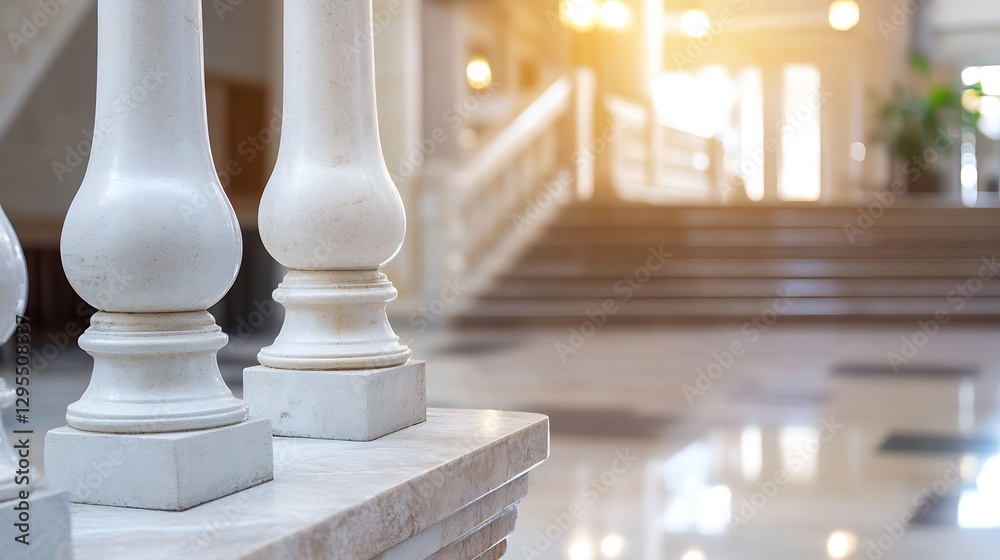 Aufkleber elegant marble columns in a spacious lobby with warm sunlight streaming in : generative ai