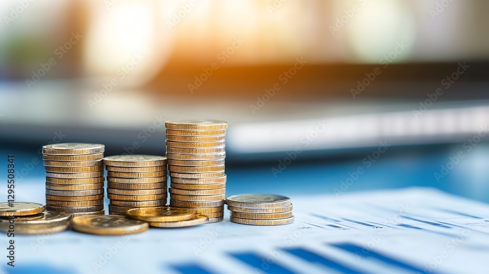 Poster stacks of shiny coins arranged on financial documents indicating growth and investment opportunities