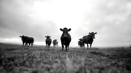 Dramatic Black and White Scene of Cattle Grazing in Open Pasture : Generative AI