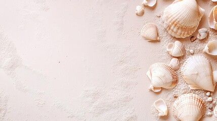 Obraz premium Seashells on Sandy Beach Background Summer Vacation Concept