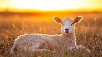 Fototapeta premium Gentle lamb resting in a sunlit field during a warm sunset near a peaceful countryside : Generative AI