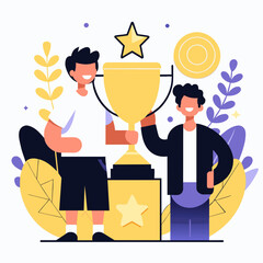 Two young men in casual clothing, holding a golden trophy, celebrating success in a contemporary setting. Successful employees posing with a trophy in a modern office or award ceremony.