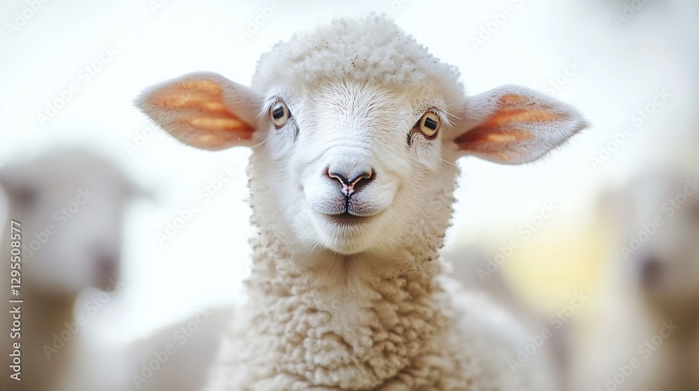 Poster Cute Close-Up of Smiling Sheep with Soft Fuzzy Wool in Pastoral Setting : Generative AI