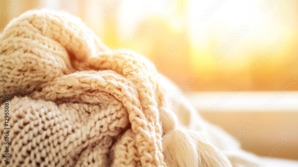 Leinwandbilder cozy knitted blanket in soft sunlight creating a warm and inviting atmosphere in the room : generati