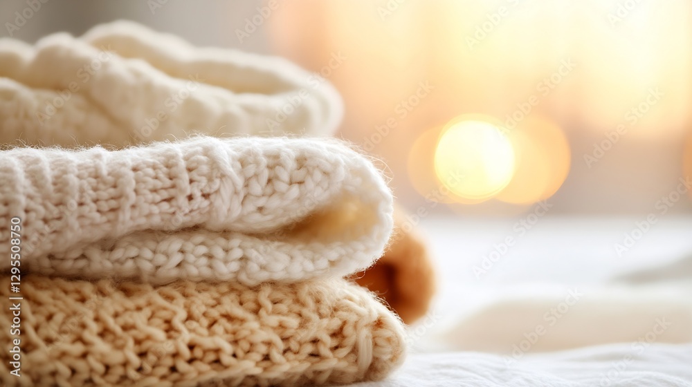 Poster beautifully folded cozy knit sweaters in soft neutral tones with bokeh background : generative ai