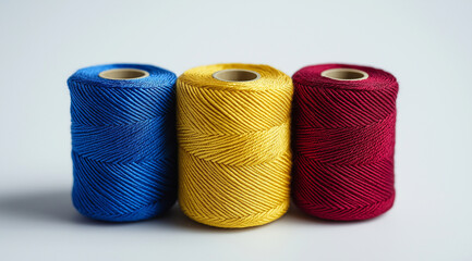 Close-up of three spools of thread in yellow, blue, and red colors on a white background. Concept for sewing and embroidery.