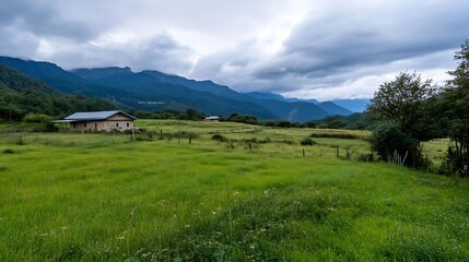 Obraz premium Picturesque Rural Landscape Featuring a Simple House Surrounded by Lush Green Fields and Rolling Hills : Generative AI