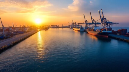Fototapeta premium Breathtaking View of a Port at Sunset with Cranes and Ships Reflected in Calm Waters : Generative AI