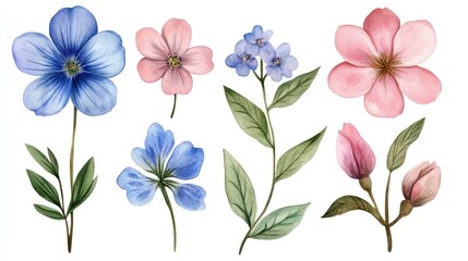 Watercolor painting of various flowers in pastel colors