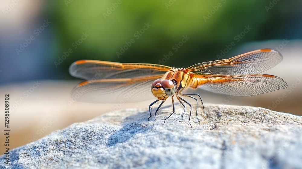 Poster Closeup of a dragonfly resting on a rock with wings spread showcasing fine details and colors of nature : Generative AI