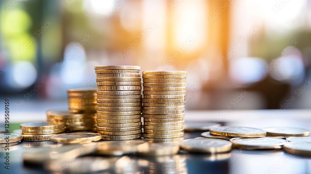 Aufkleber Stacks of shiny golden coins on a reflective surface representing wealth and financial prosperity : Generative AI