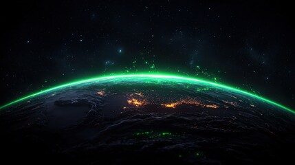 Glowing green energy encircling planet earth, night cities visible, space background